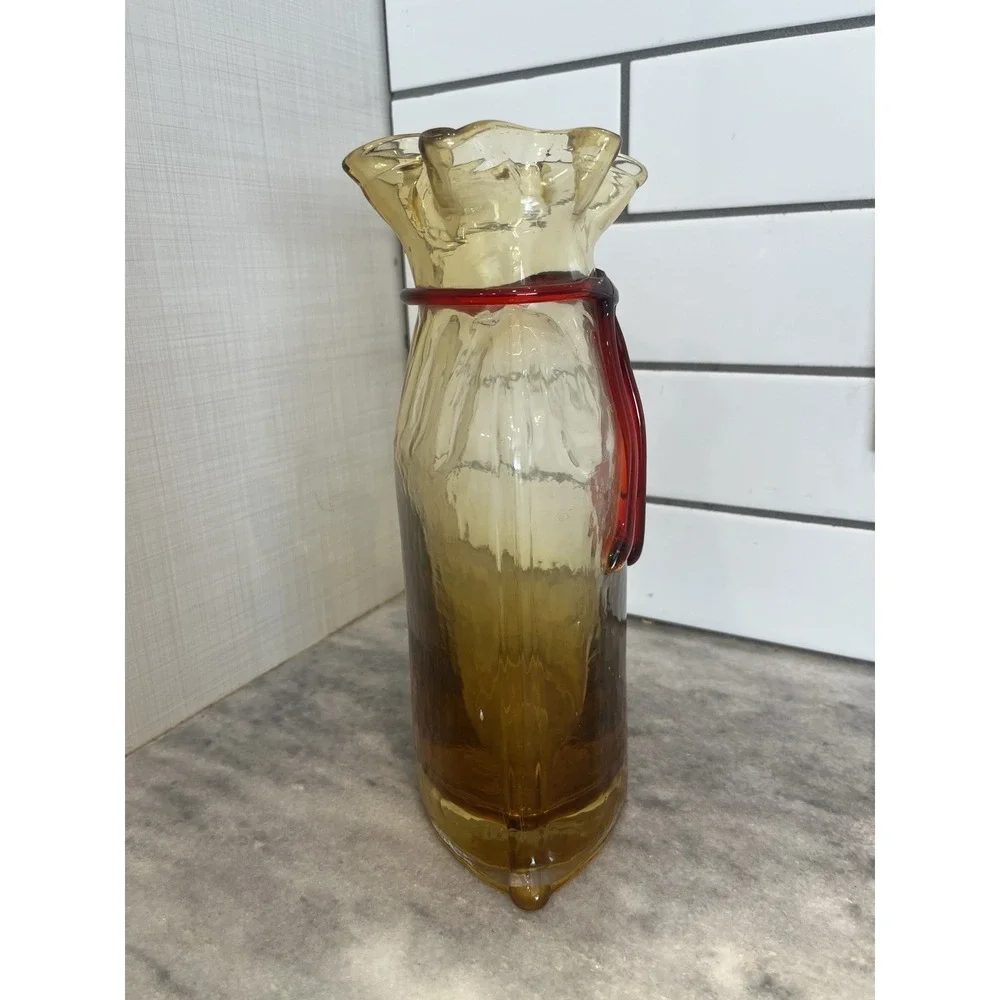 VTG Pilgrim Mustard Sack Bag Flower Vase, Red Ribbon Hand Blown. 10